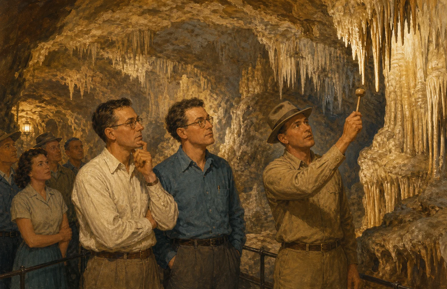 Editorial illustration of a mid-century cave tour guide tapping a stalactite while a curious visitor listens