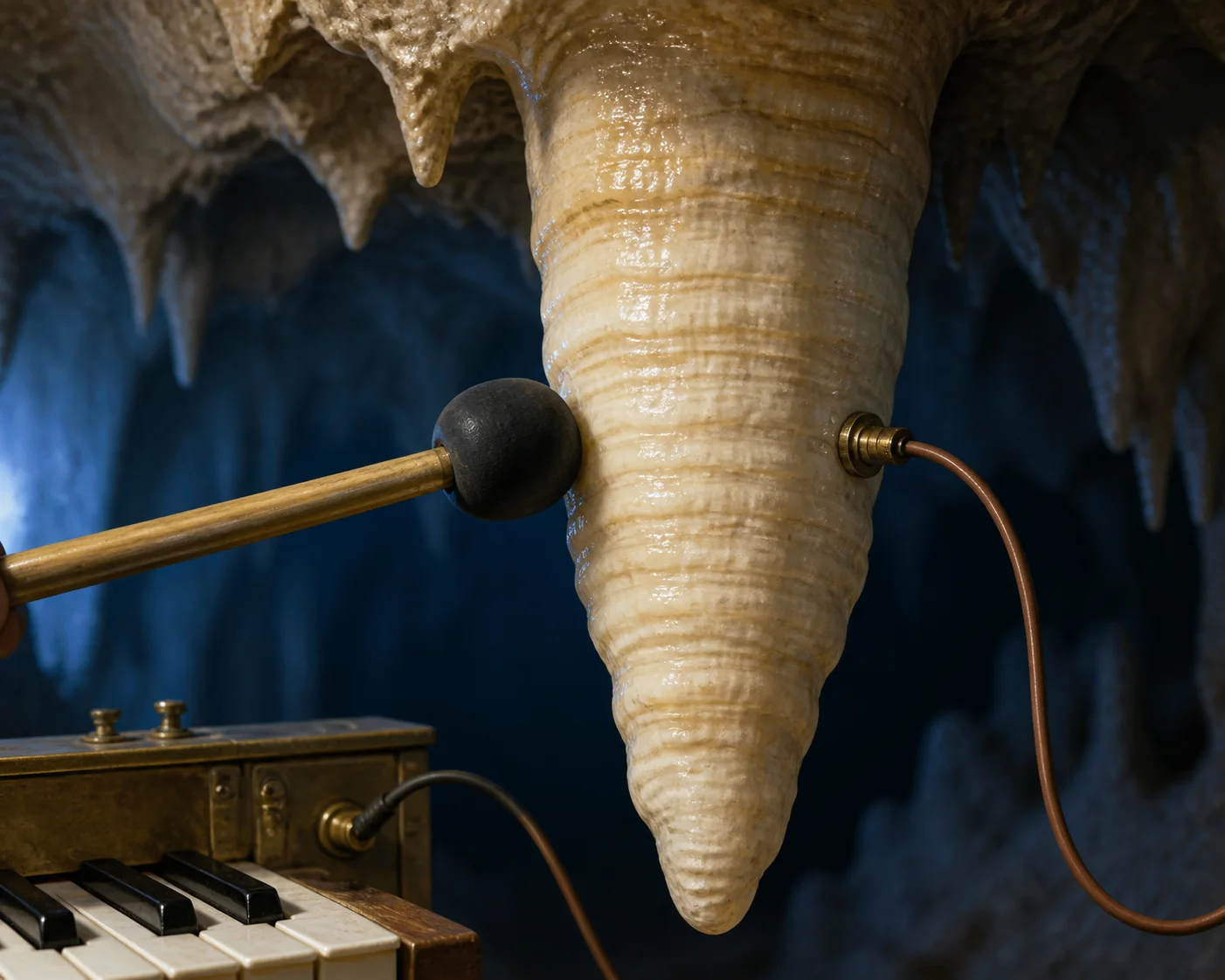 Editorial illustration showing a rubber-tipped mallet and wire striking a hanging calcite stalactite