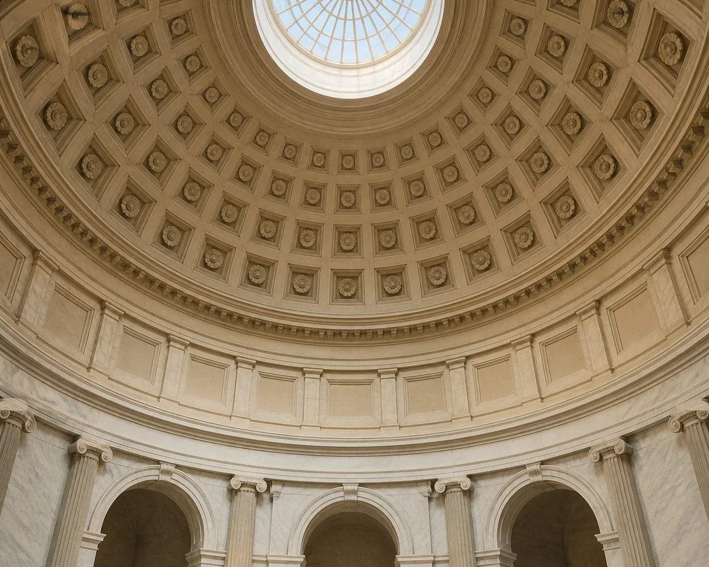 Editorial illustration looking up at the coffered half-dome and central lantern of a historic Capitol hall.