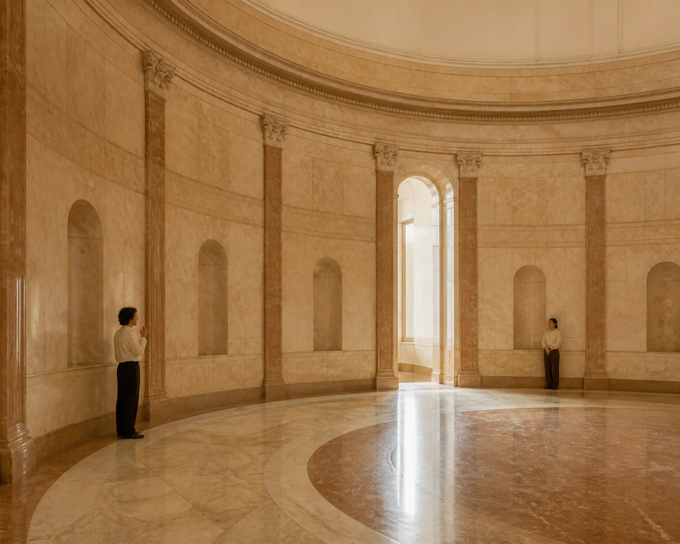 Editorial illustration showing two visitors at widely separated points along the curved wall of a semicircular hall.