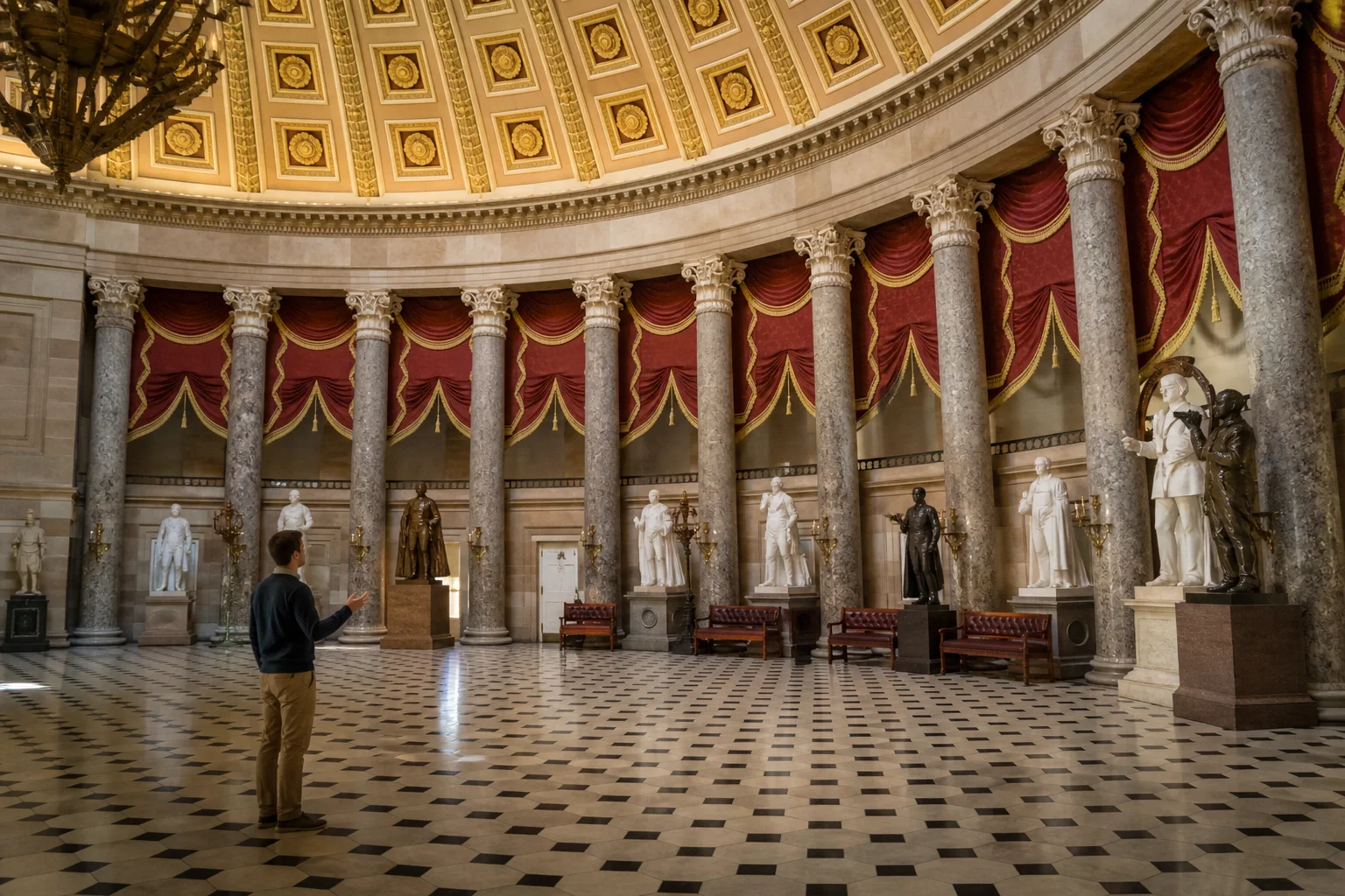Editorial illustration of the semicircular National Statuary Hall with a visitor speaking close to its curved wall.