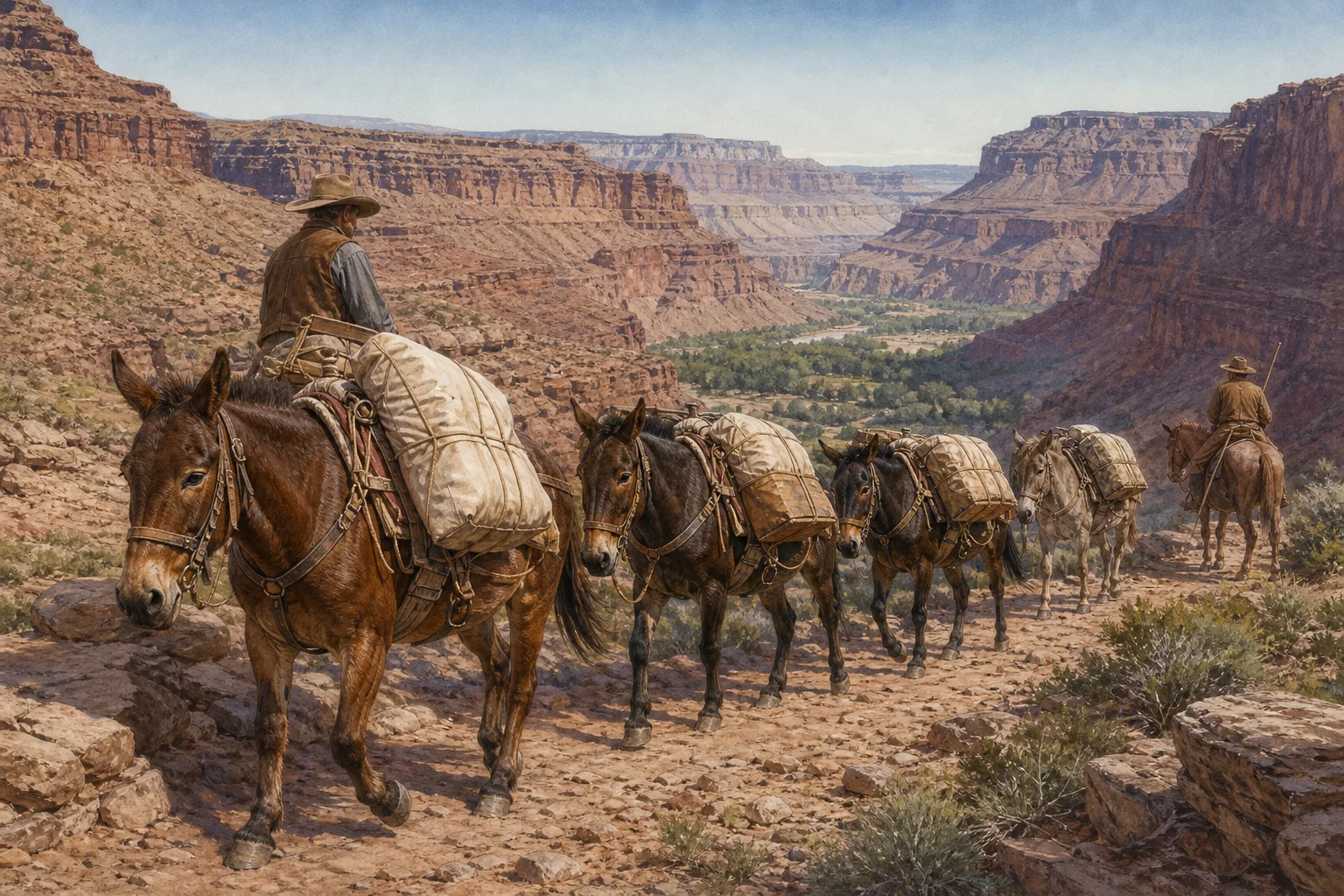 Editorial illustration of a mule train carrying balanced mail sacks and supplies along a rocky canyon trail toward a green oasis.
