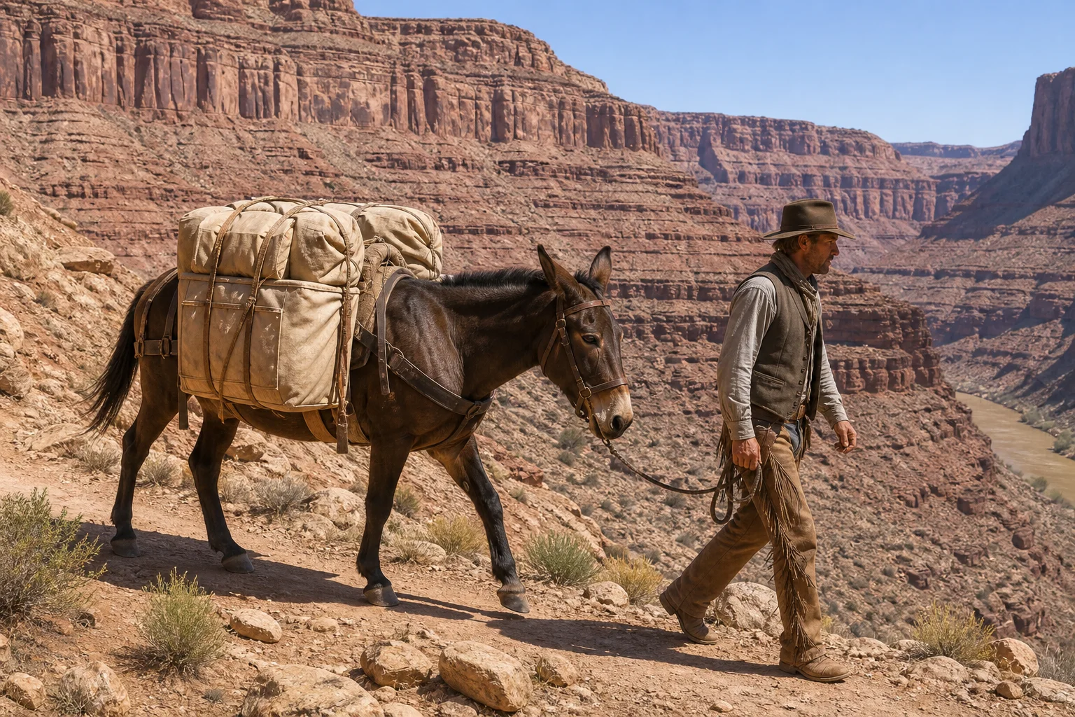 Editorial illustration of a pack mule with evenly balanced canvas loads walking beside a wrangler on a desert canyon trail.