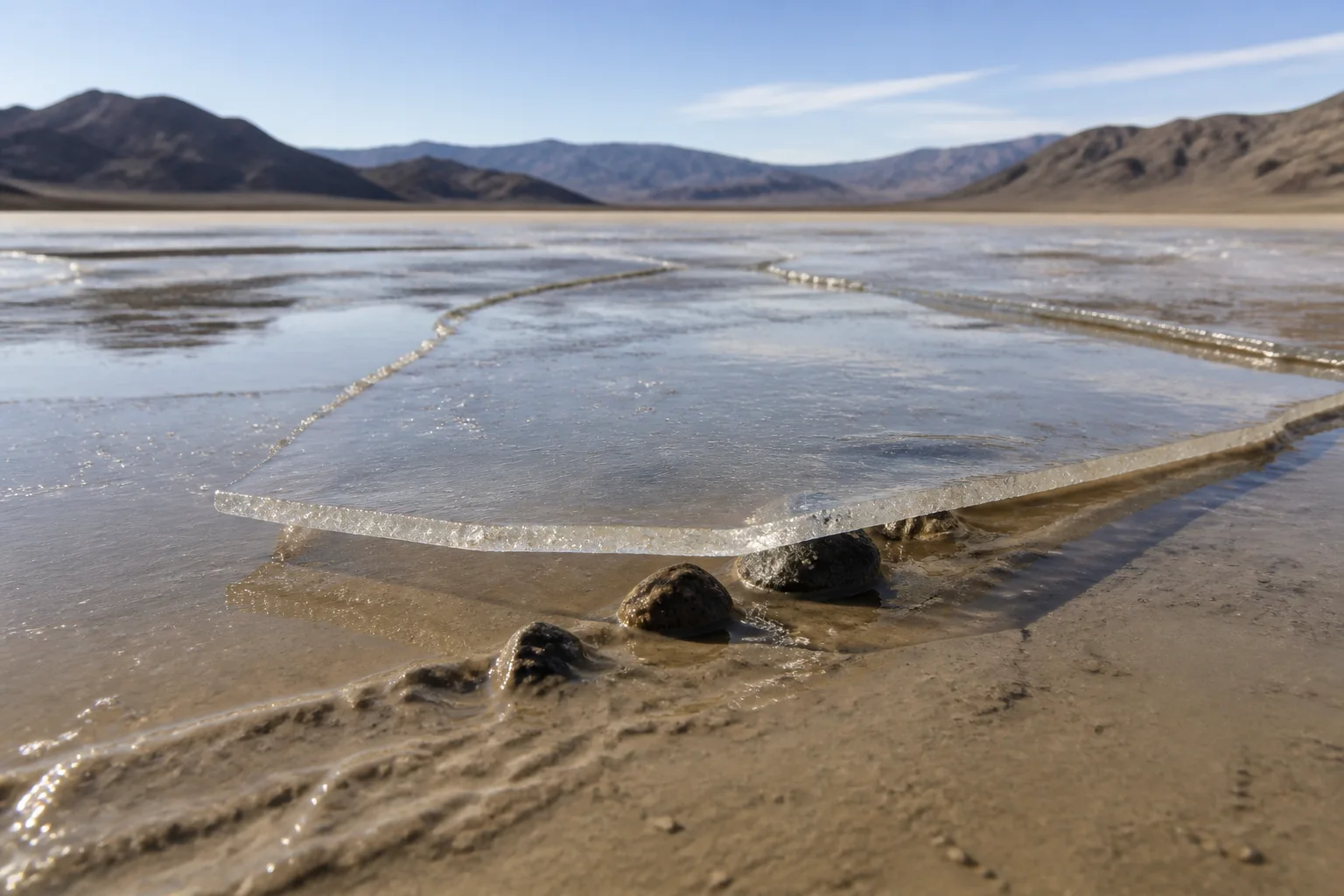 Editorial illustration of a thin ice panel pressing small dark rocks across wet playa mud.