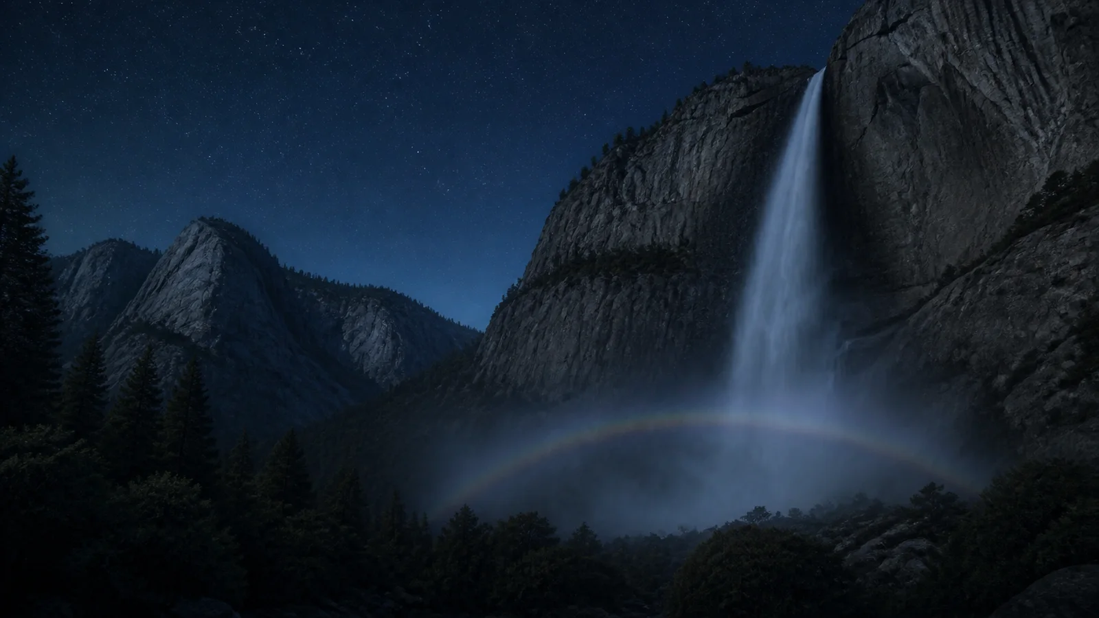 Editorial illustration of a faint pale moonbow in waterfall mist at Yosemite Falls under a moonlit granite valley