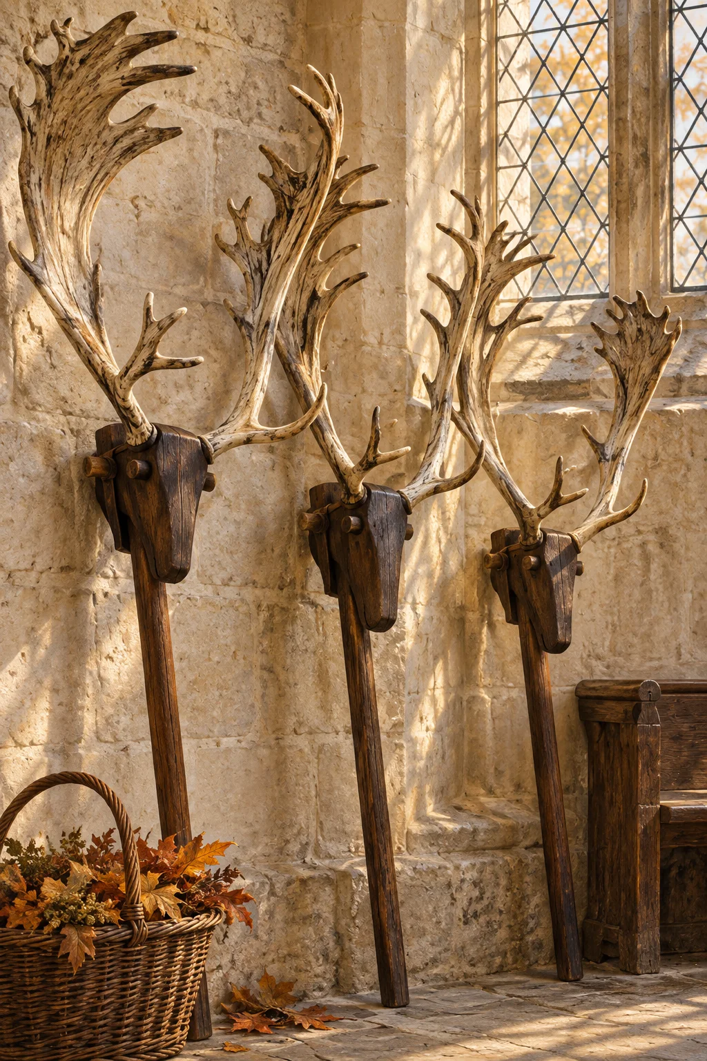 Editorial illustration of weathered reindeer antlers mounted on wooden heads and poles inside an old English church.