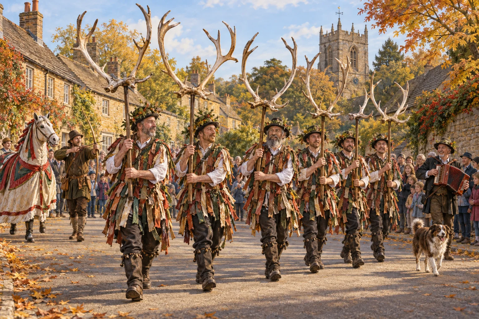 Editorial illustration of six Horn Dance performers carrying mounted reindeer antlers through an autumn English village.