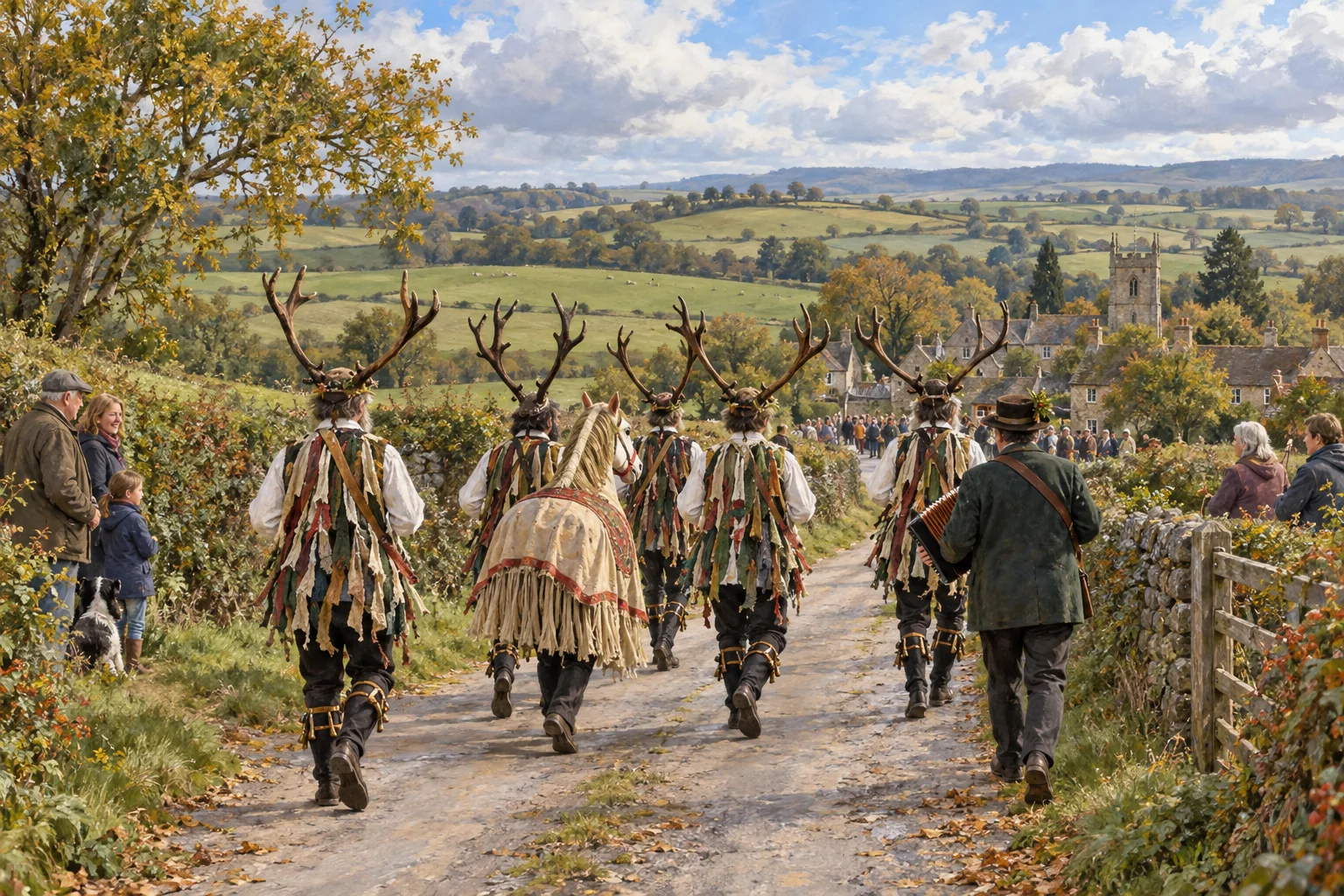 Editorial illustration of a Horn Dance procession carrying reindeer antlers along an autumn Staffordshire lane toward a village.