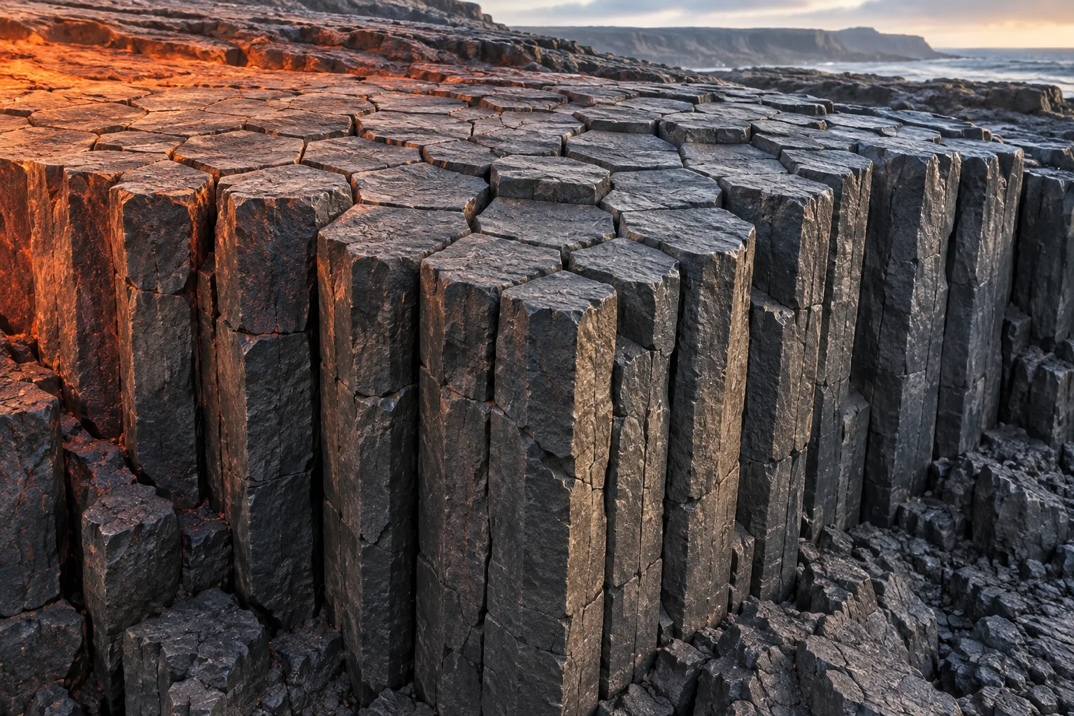Editorial illustration of interlocking dark basalt columns with polygonal tops and vertical fractures.