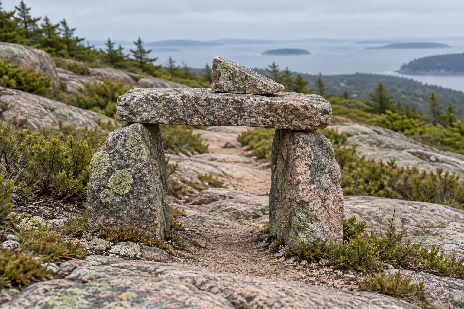 Editorial illustration showing the two base stones, flat lintel, and pointer stone of a Bates cairn beside an Acadia trail.