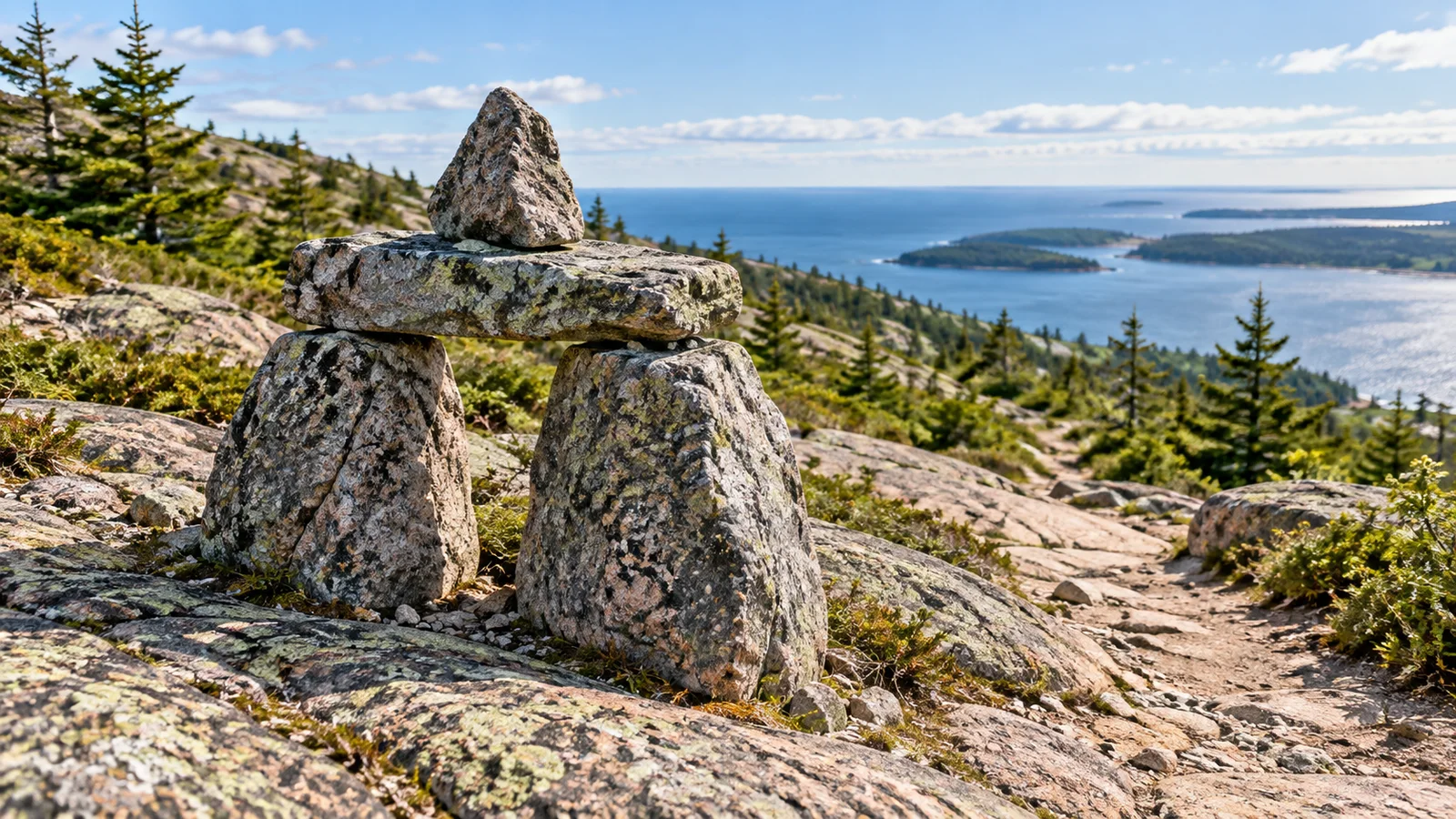 Editorial illustration of a Bates cairn on a granite Acadia trail above the Maine coast.