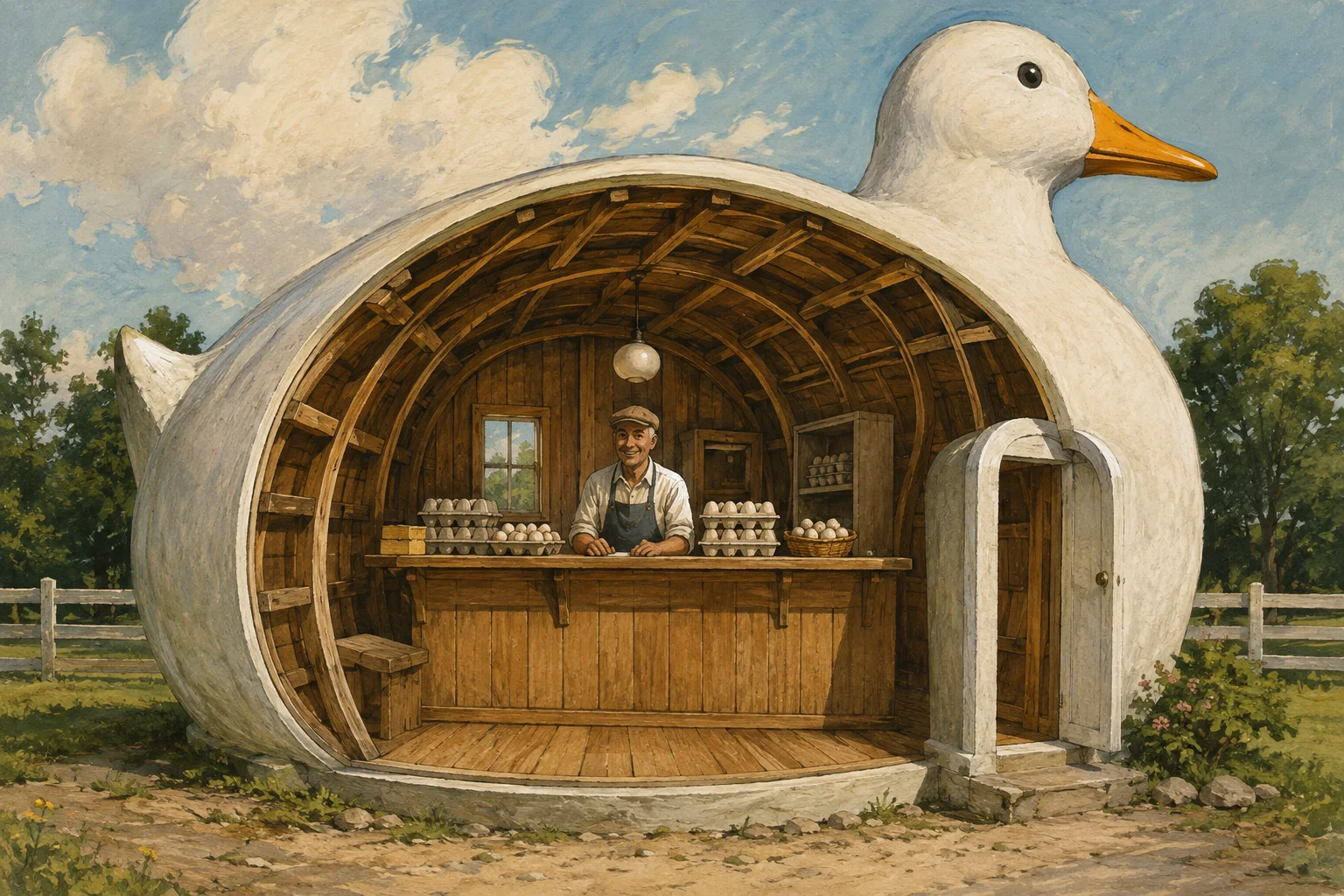 Editorial cutaway illustration showing the warm wooden interior of a duck-shaped roadside shop with a counter and a shopkeeper.