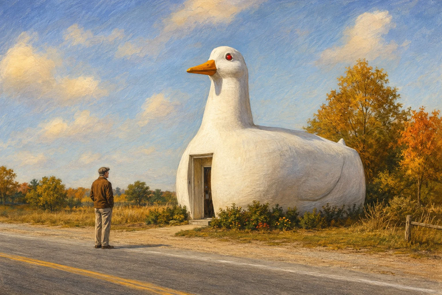 Editorial illustration of the Big Duck beside a Long Island road, with a visitor showing the landmark's scale.