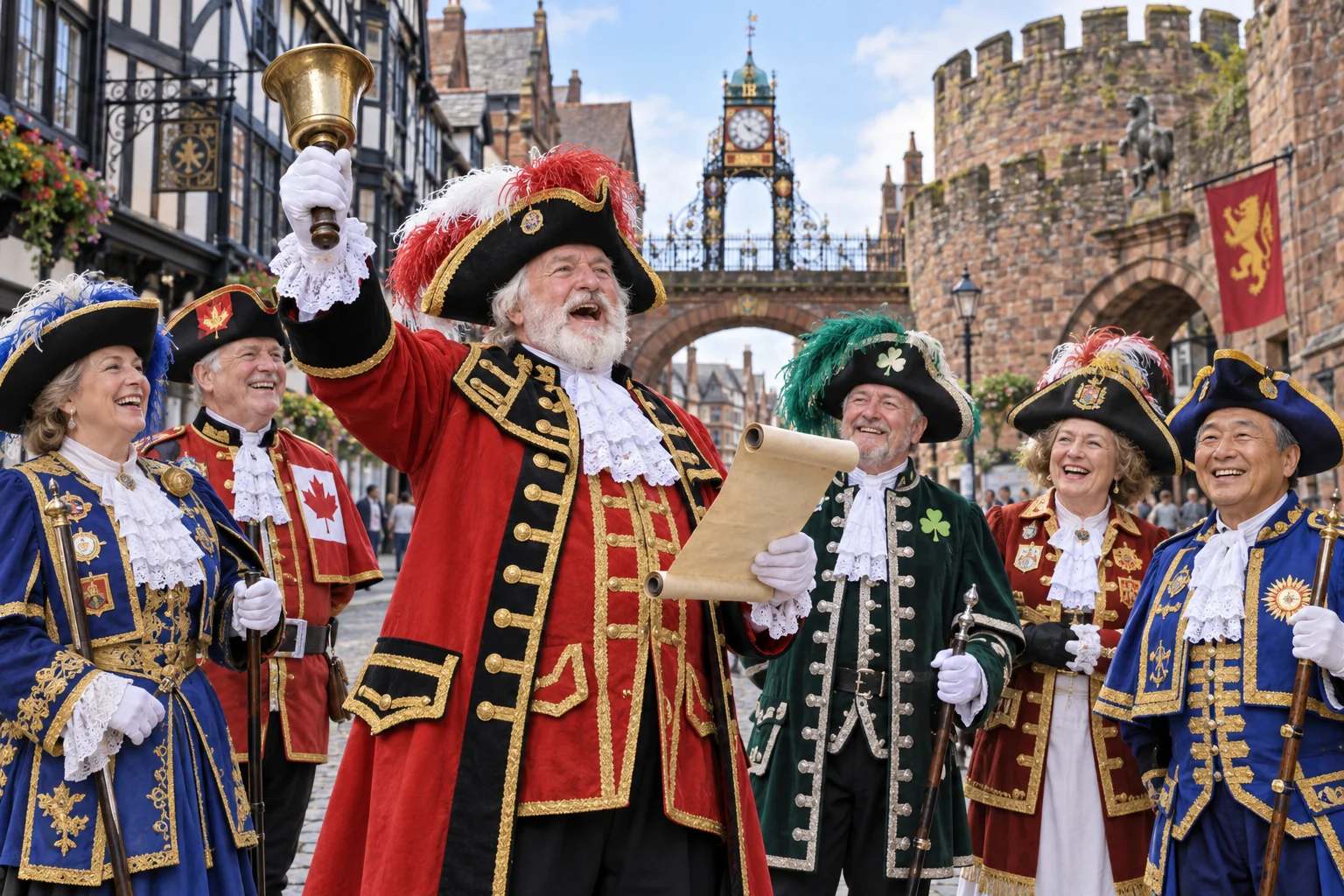 Illustrated Chester town crier in bright ceremonial clothing addressing a town square