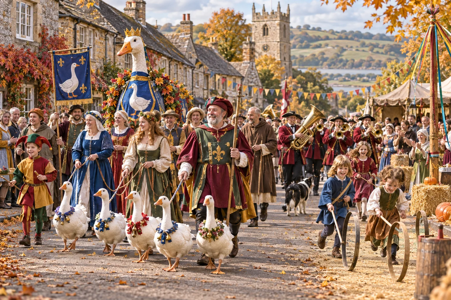 Villagers in medieval costumes celebrate with decorated geese and a brass band.