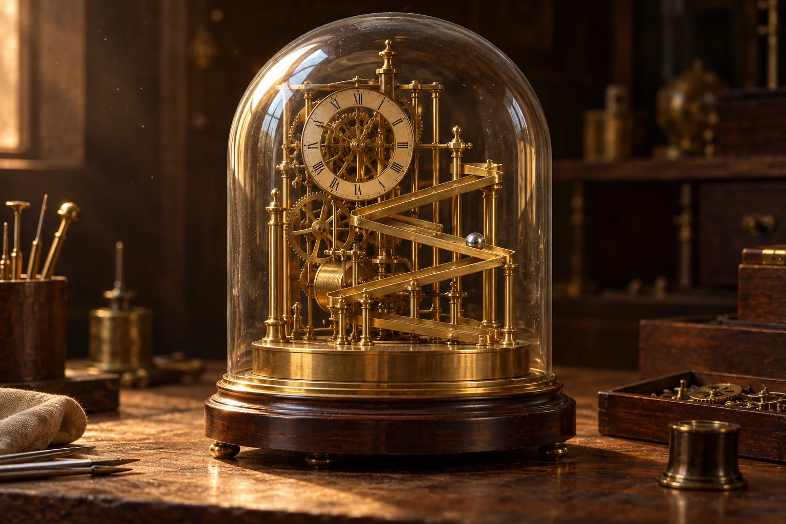 Editorial illustration of a brass rolling-ball clock under a clear glass dome, with a steel ball in its zigzag channel.
