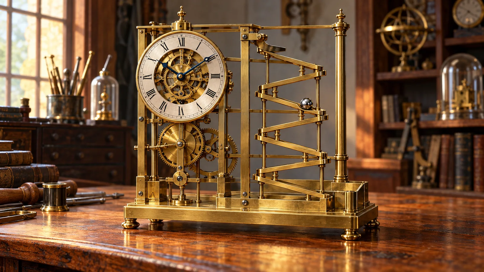 Editorial illustration of a brass rolling-ball clock with a steel ball on a zigzag track in a clockmaker's workshop.