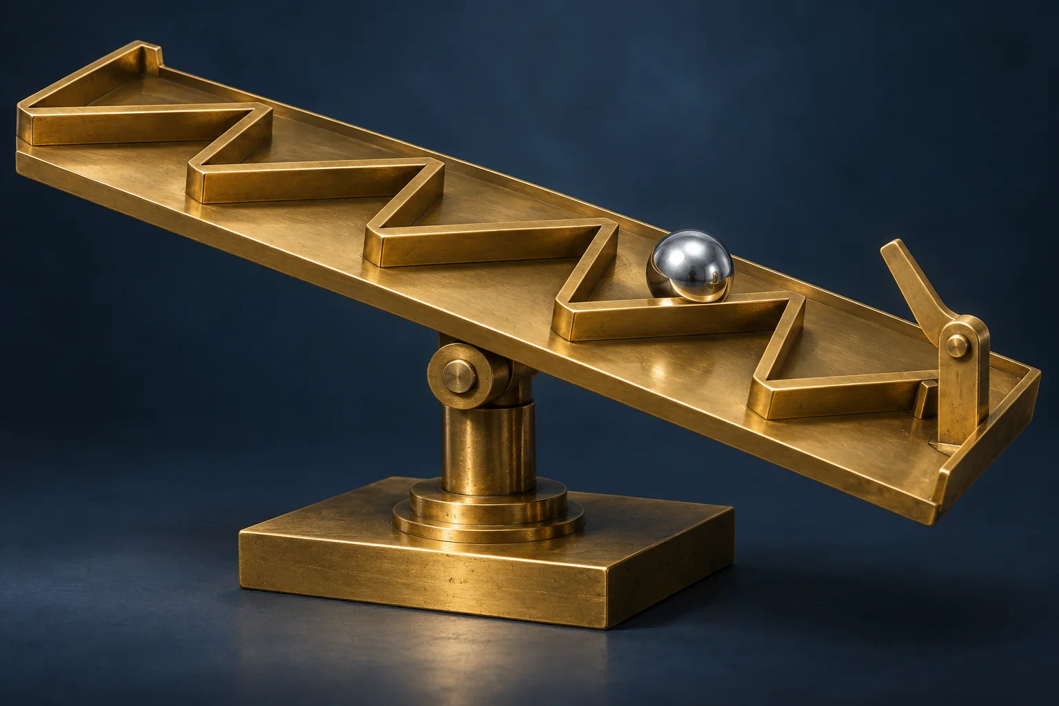 Editorial illustration of a steel ball traveling along a brass zigzag channel on a tilting platform beside its lever.
