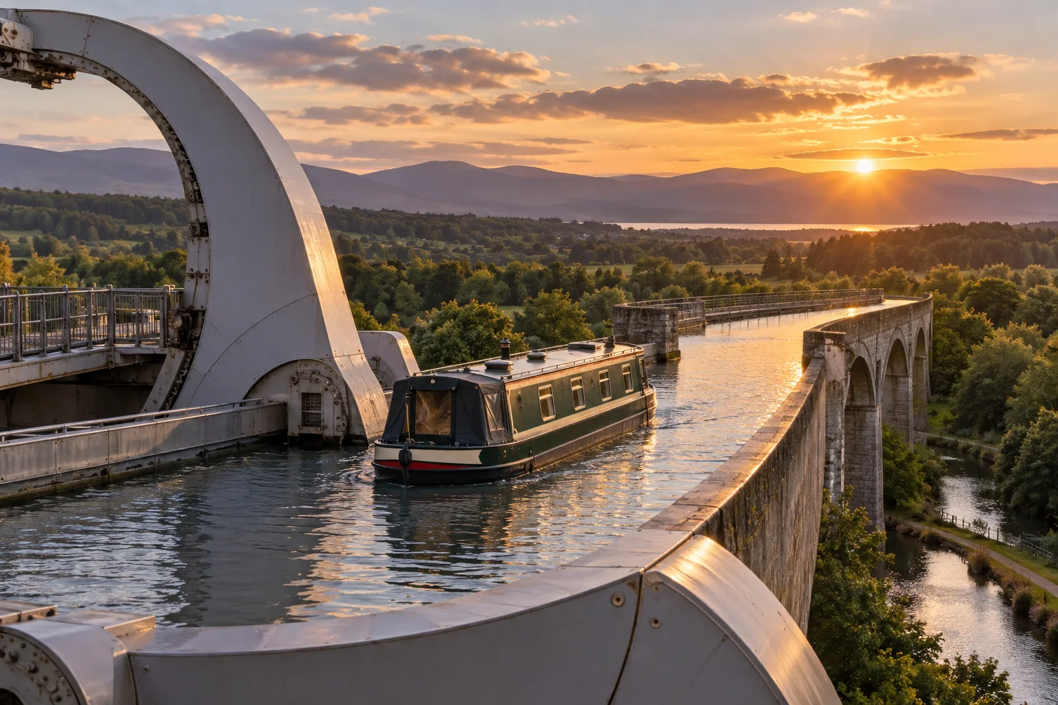 Editorial illustration of a canal boat leaving a steel boat lift beside an aqueduct at sunset.