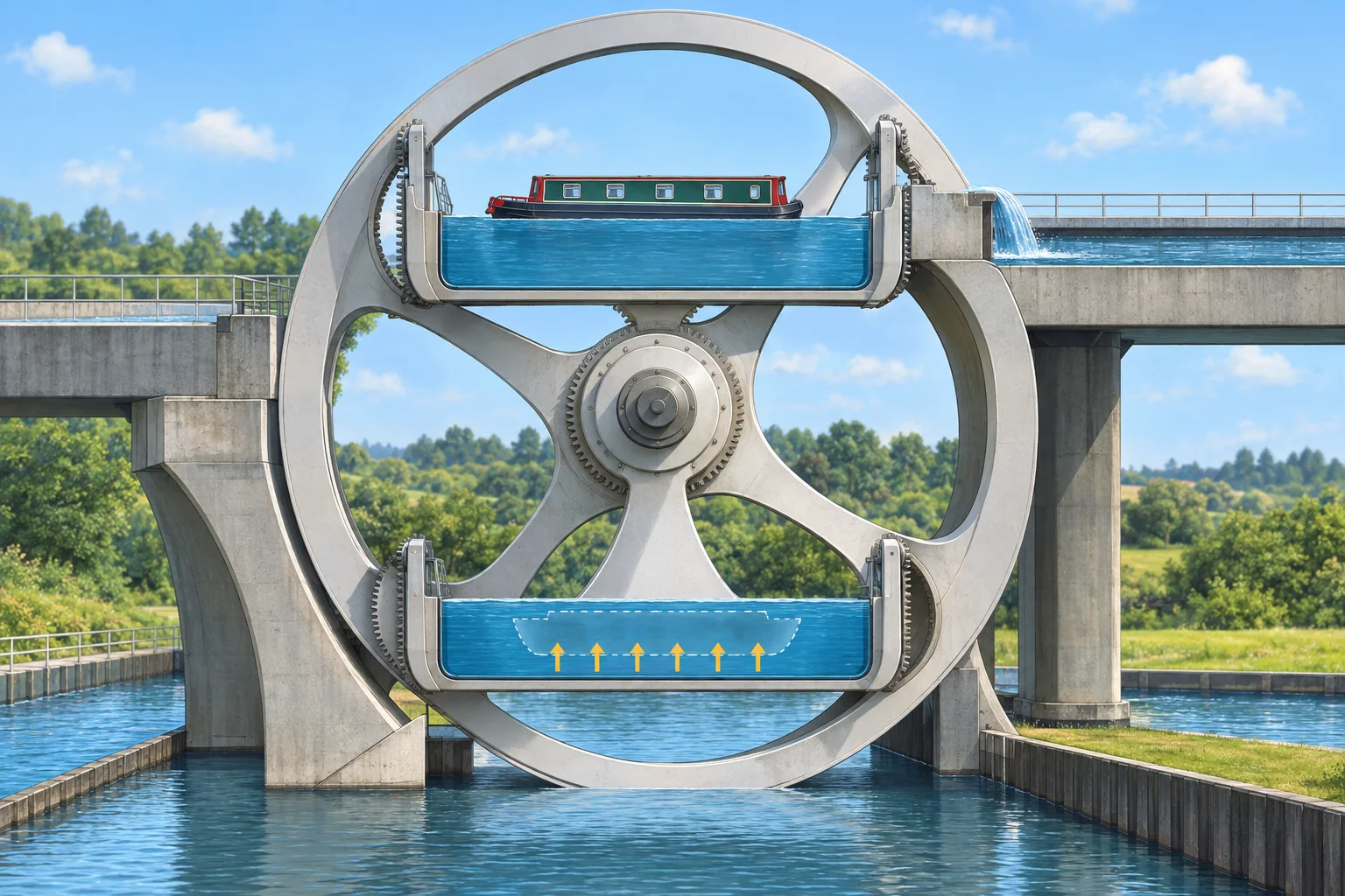 Editorial illustration showing two balanced water-filled gondolas on a rotating boat lift, with a canal boat in the upper gondola.