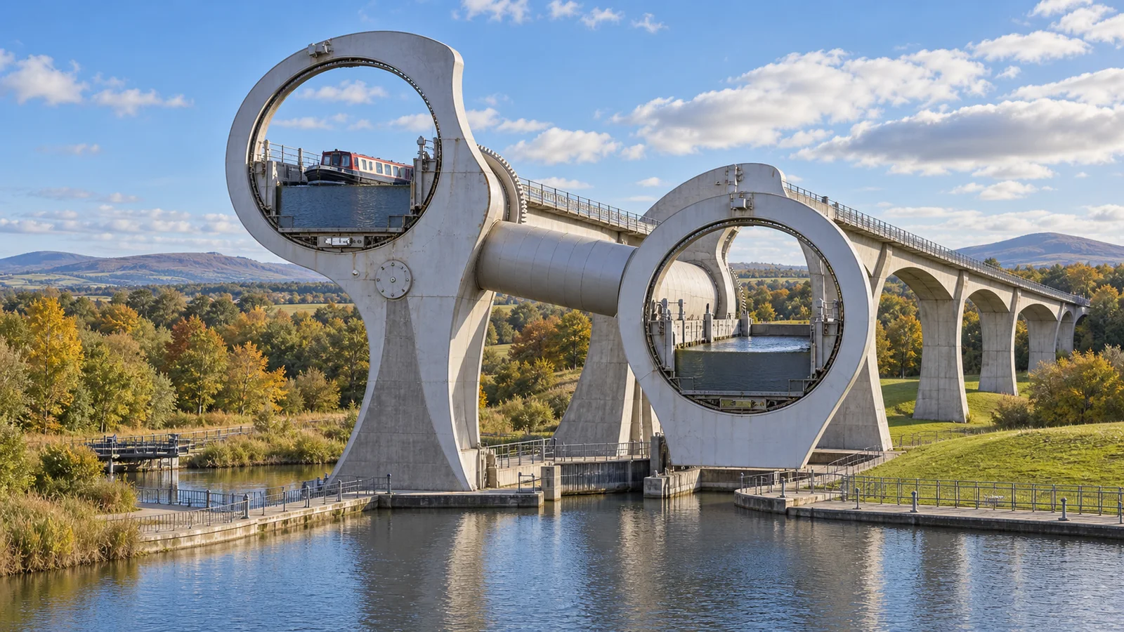Editorial illustration of a rotating boat lift with a canal boat in a water-filled gondola in a Scottish canal landscape.