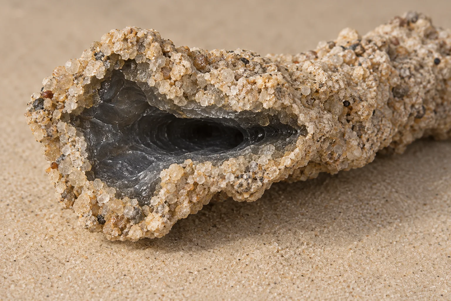 Editorial illustration of a fulgurite cross-section with a dark glass-lined hollow center and a rough shell of fused sand grains.