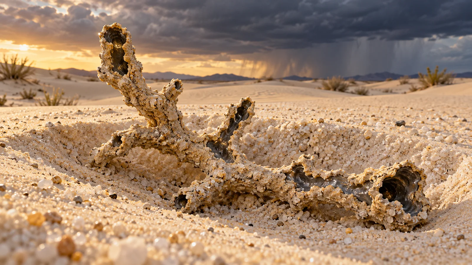 Editorial illustration of a branching fulgurite with dark glassy interiors emerging from a shallow bed of pale desert sand.