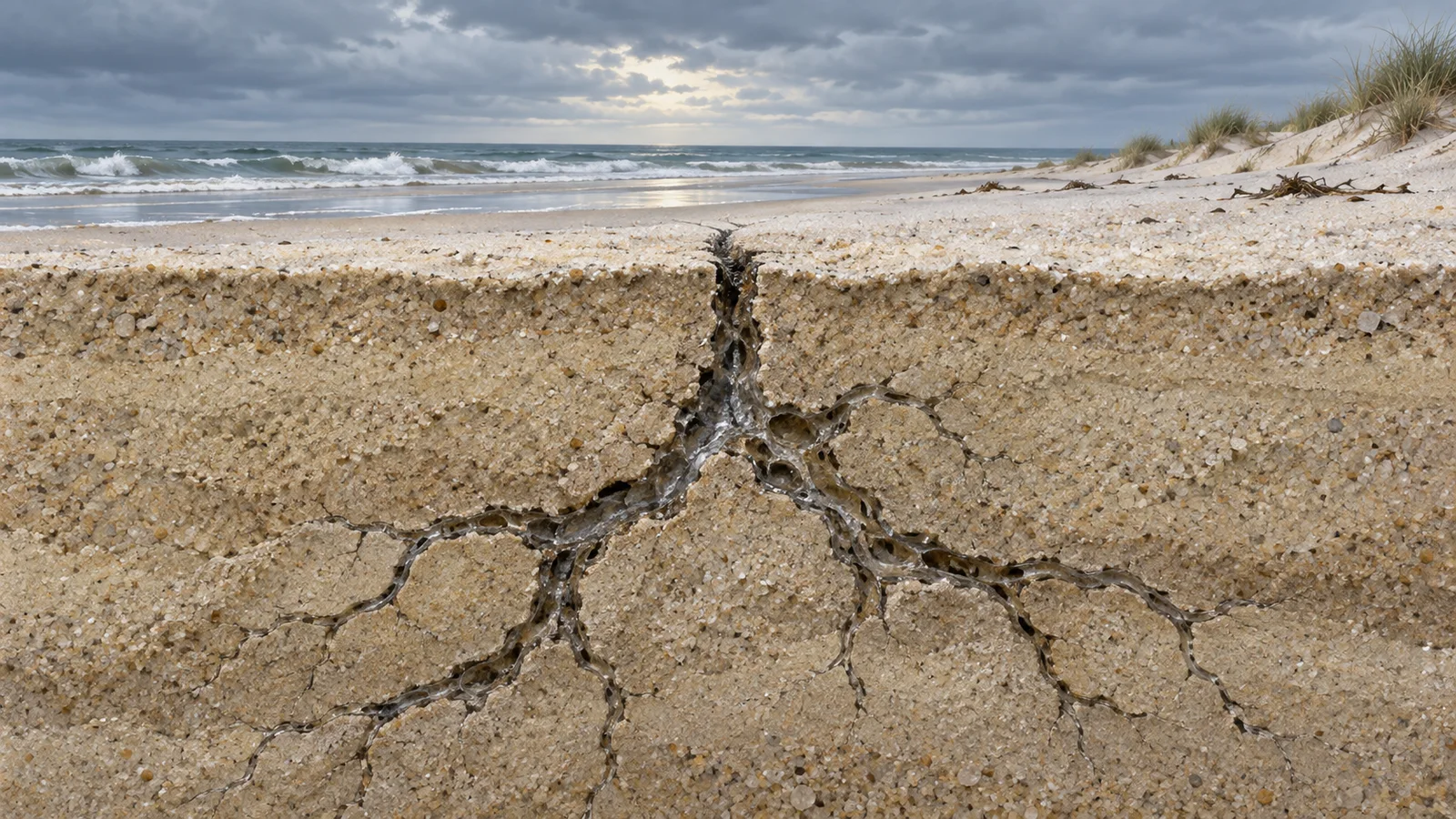 Editorial illustration of a branching fulgurite beneath a sandy shoreline after a storm.