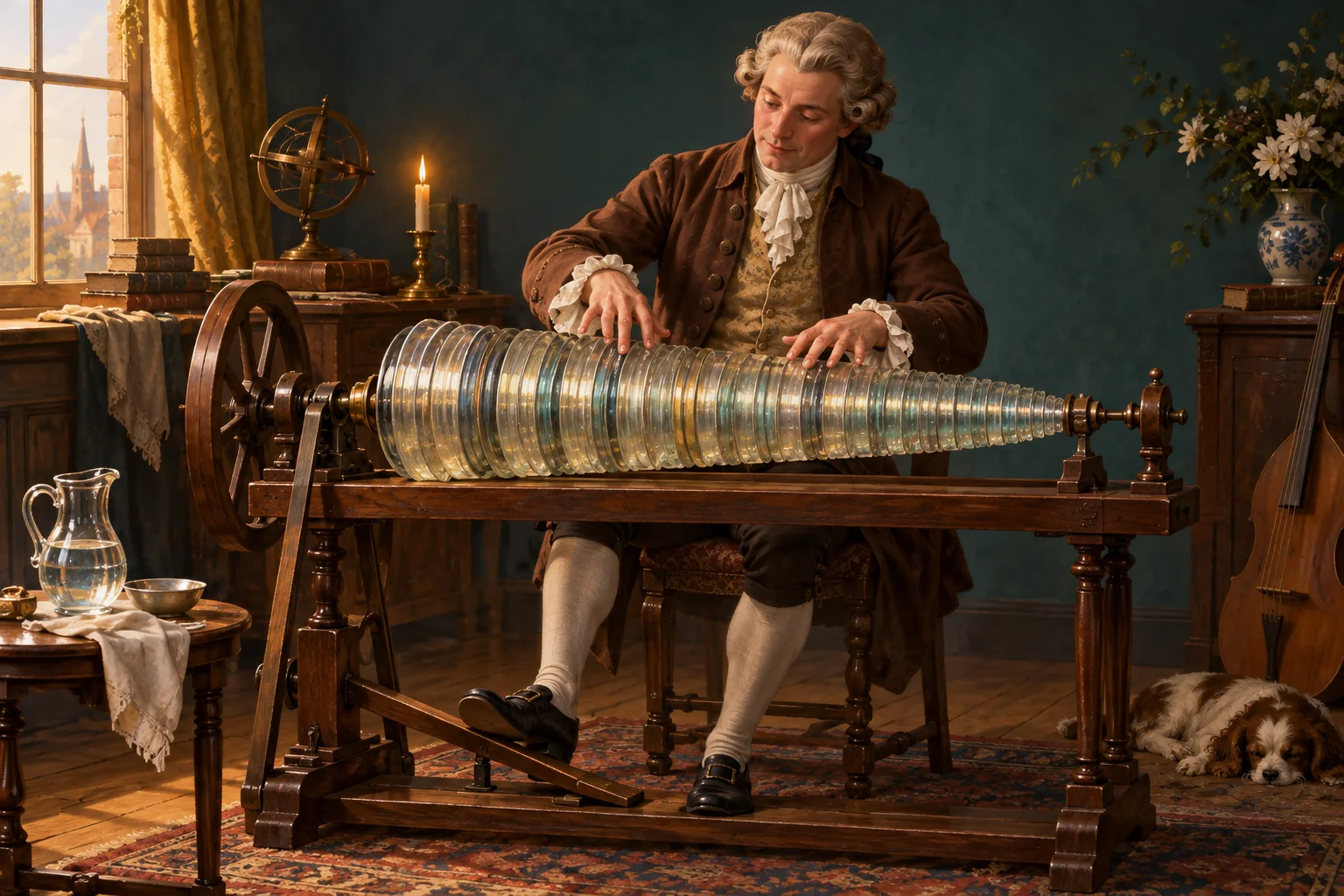 Editorial illustration of a period musician playing nested glass bowls on a treadle-powered armonica.