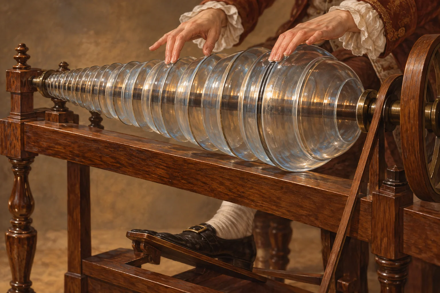 Editorial illustration showing hands touching the graduated bowls and the treadle mechanism of a glass armonica.