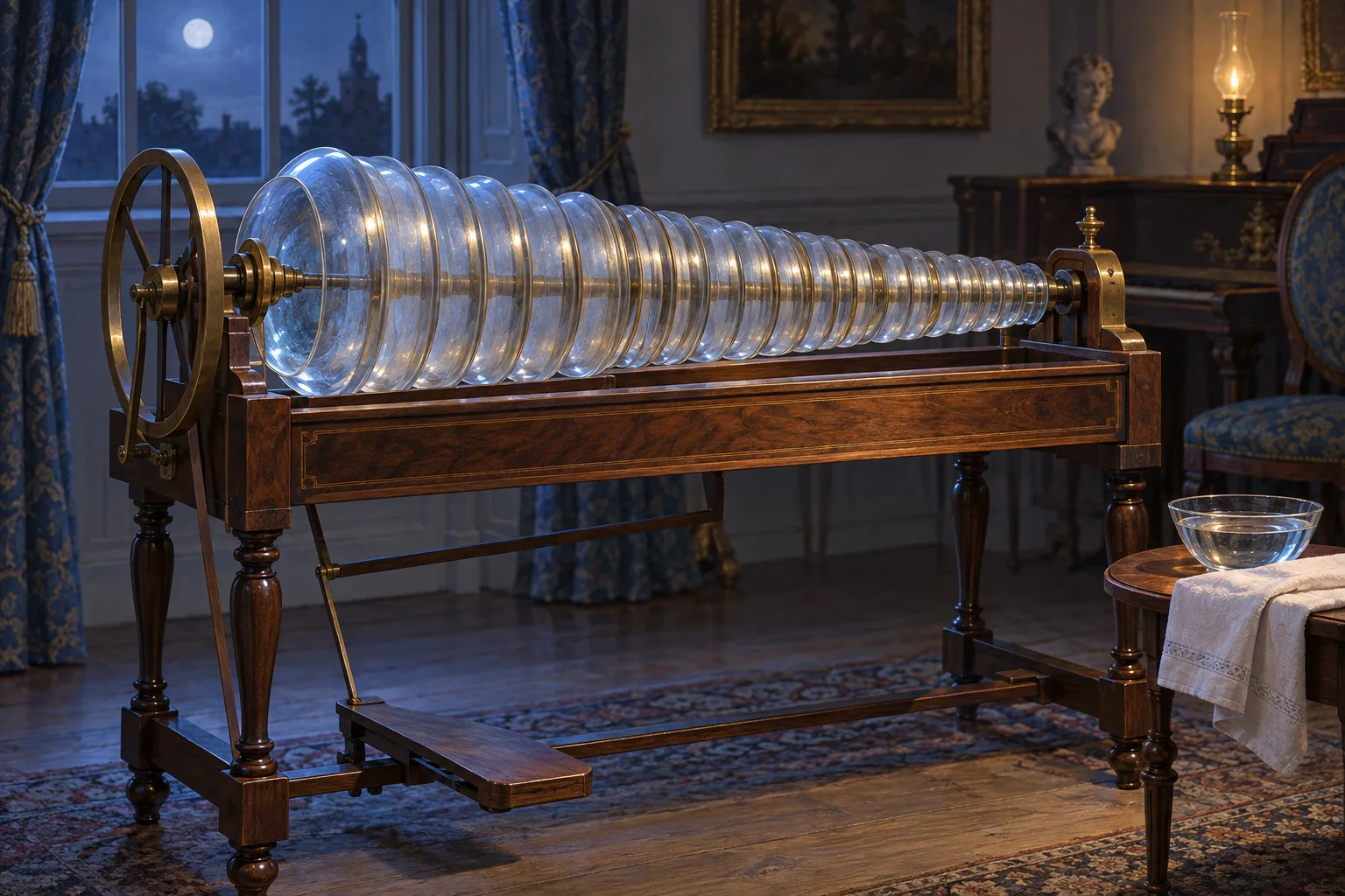 Editorial illustration of a glass armonica on a wooden stand in a softly lit historic music room.