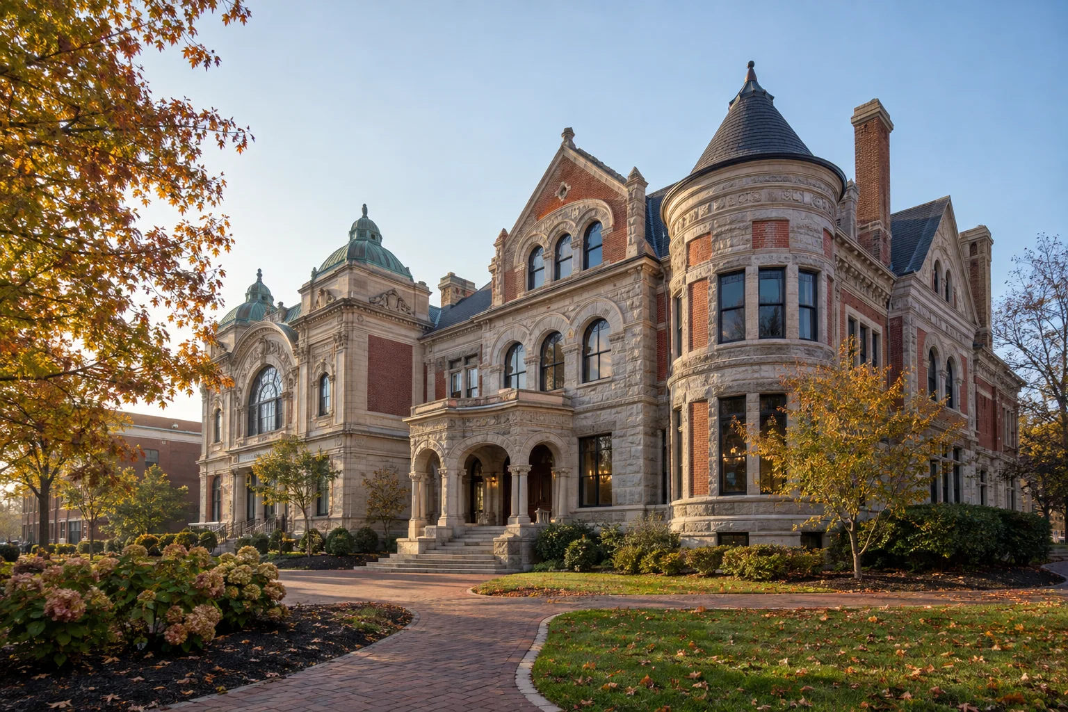 Editorial illustration of a historic stone-and-brick library and performance hall with towers and autumn trees.