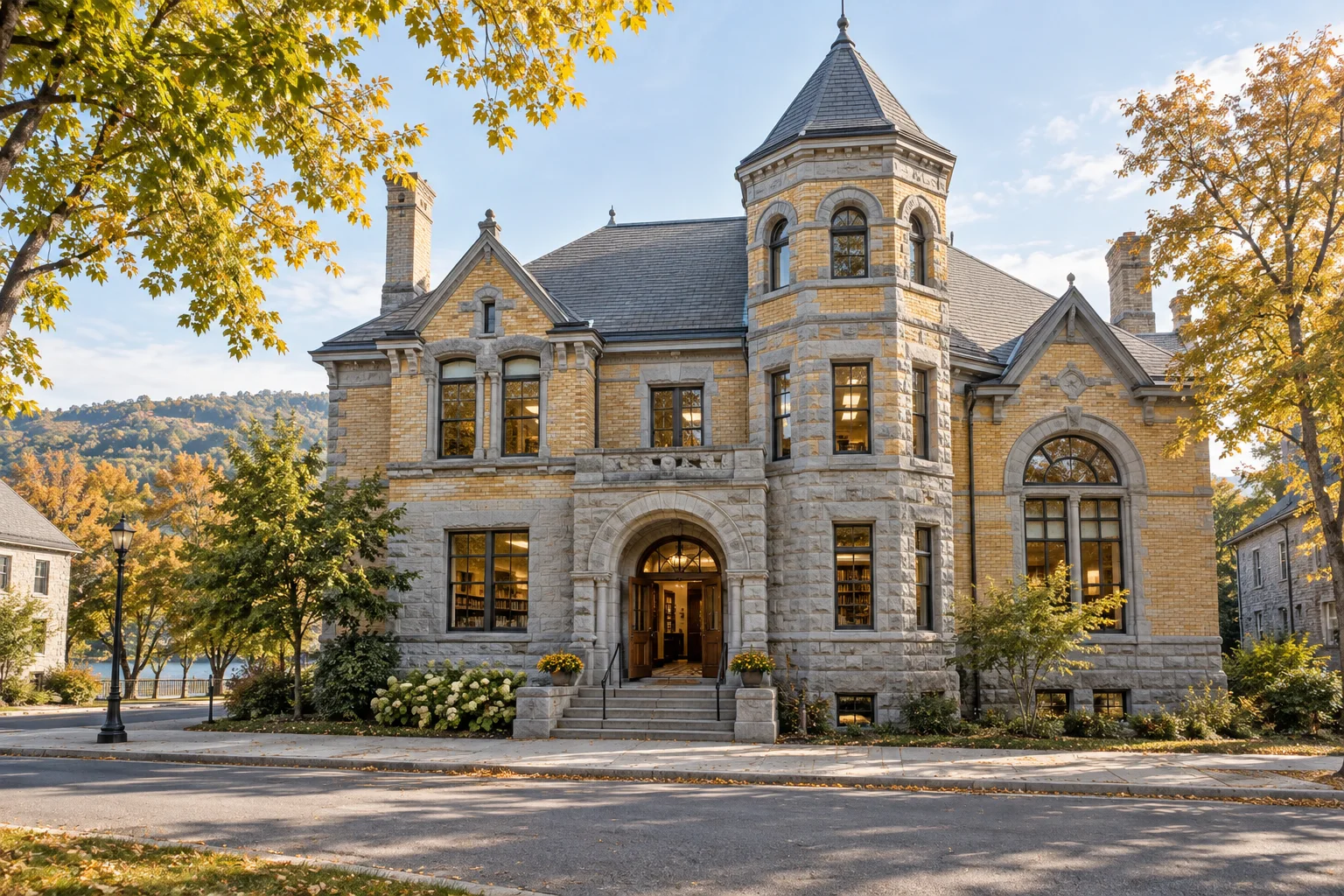Editorial illustration of a stone-and-brick border library with a corner tower in autumn.