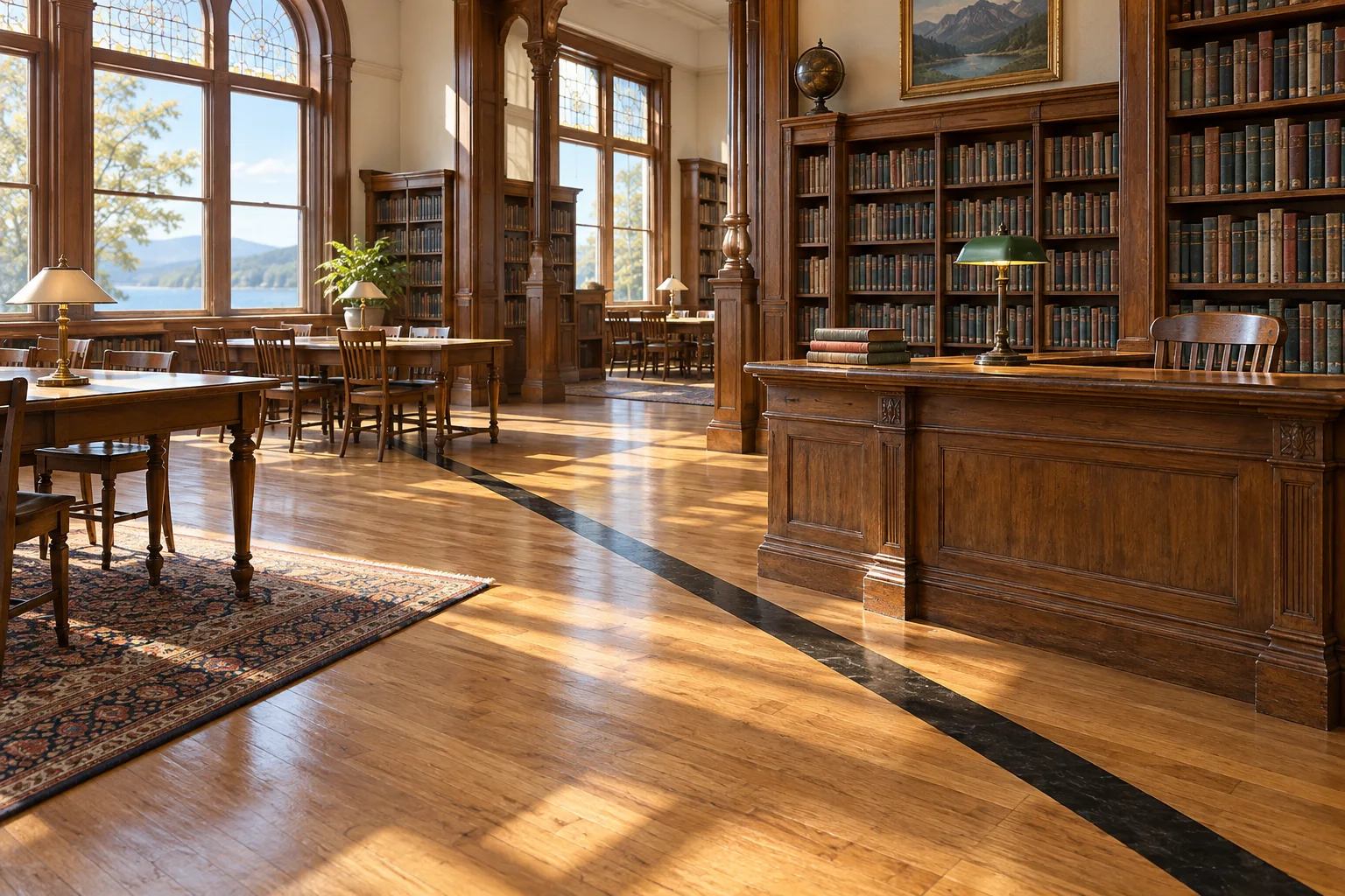 Editorial illustration of a warm wood reading room with a dark line set into the floor.