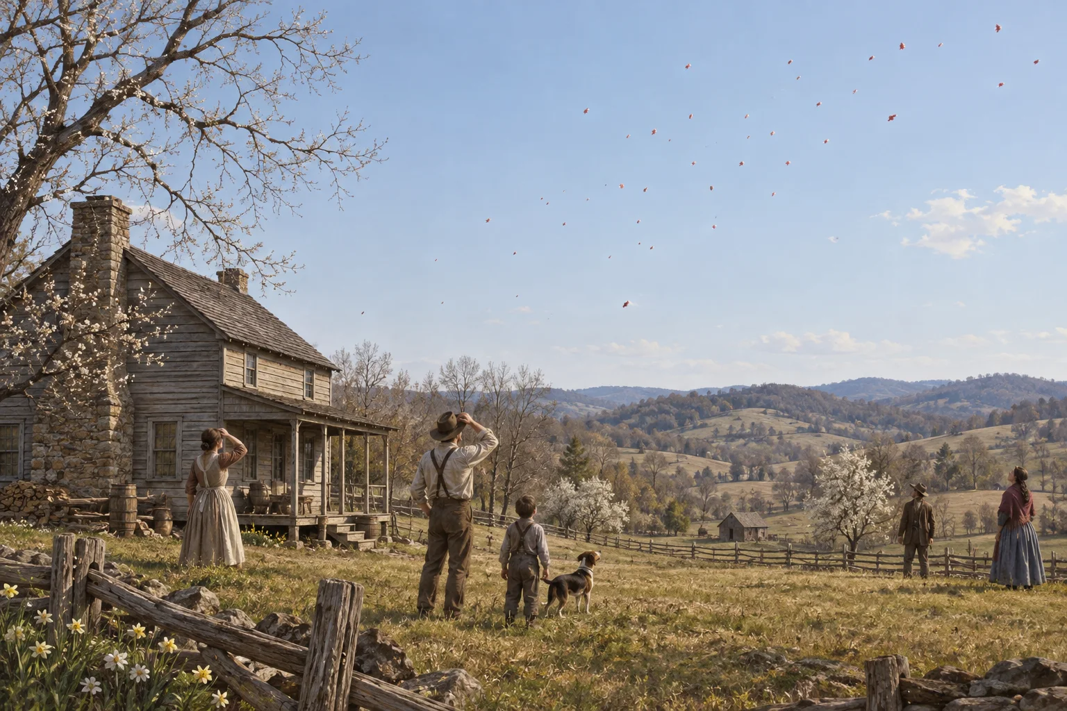 Editorial illustration of a Kentucky farmhouse and field beneath a clear sky, with distant figures looking upward