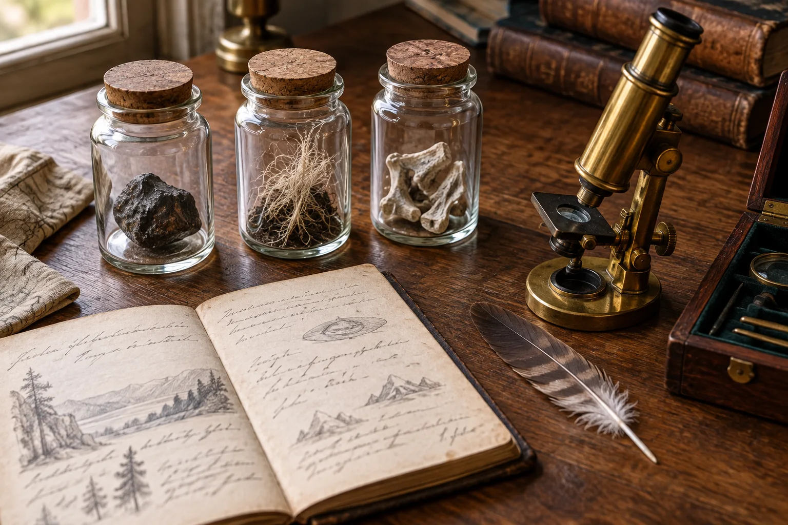 Editorial illustration of specimen jars, a microscope, a feather, and field notes on a wooden desk