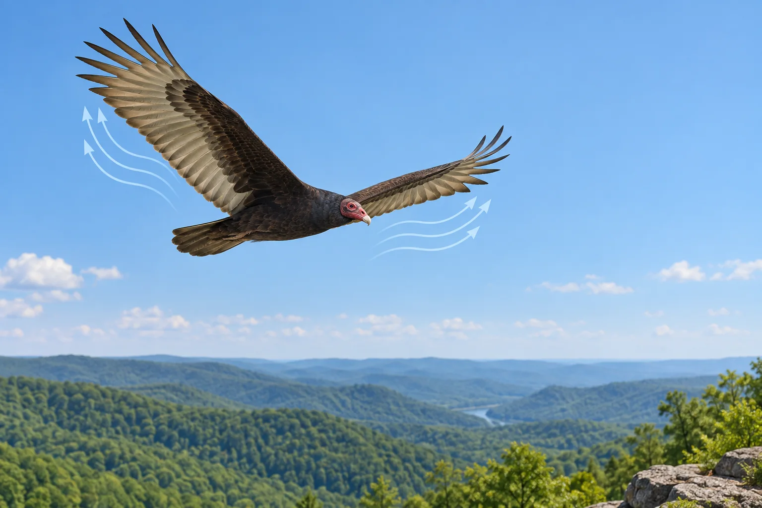 Editorial illustration of a turkey vulture soaring above a Kentucky ridgeline with pale air-current lines