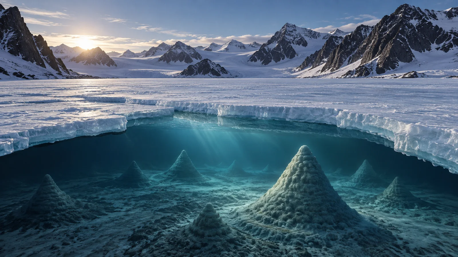 Editorial illustration of Lake Untersee beneath Antarctic mountains, with an ice-covered surface and clear water below.