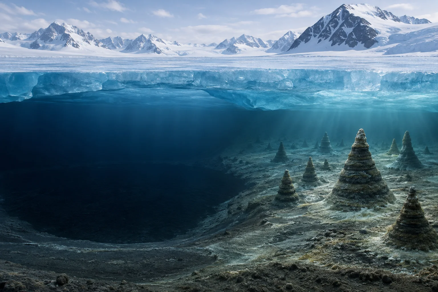 Editorial illustration showing layered conical microbial structures on the floor of an Antarctic lake beneath thick ice.