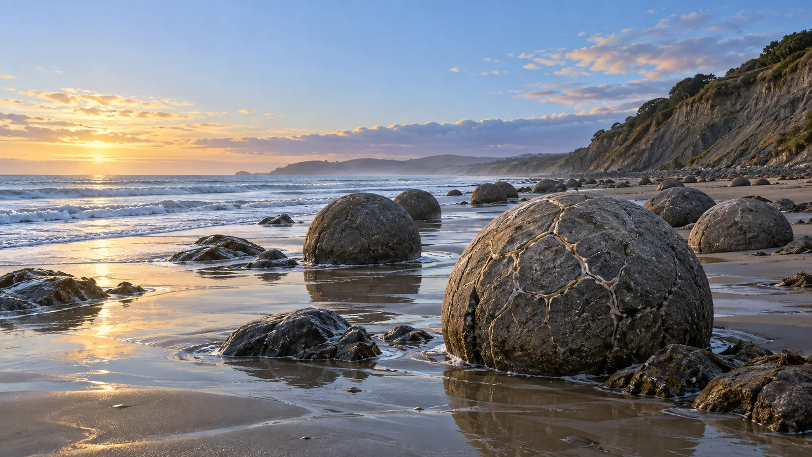 Editorial illustration of large rounded Moeraki Boulders resting on wet sand beside the Otago coast at dawn.