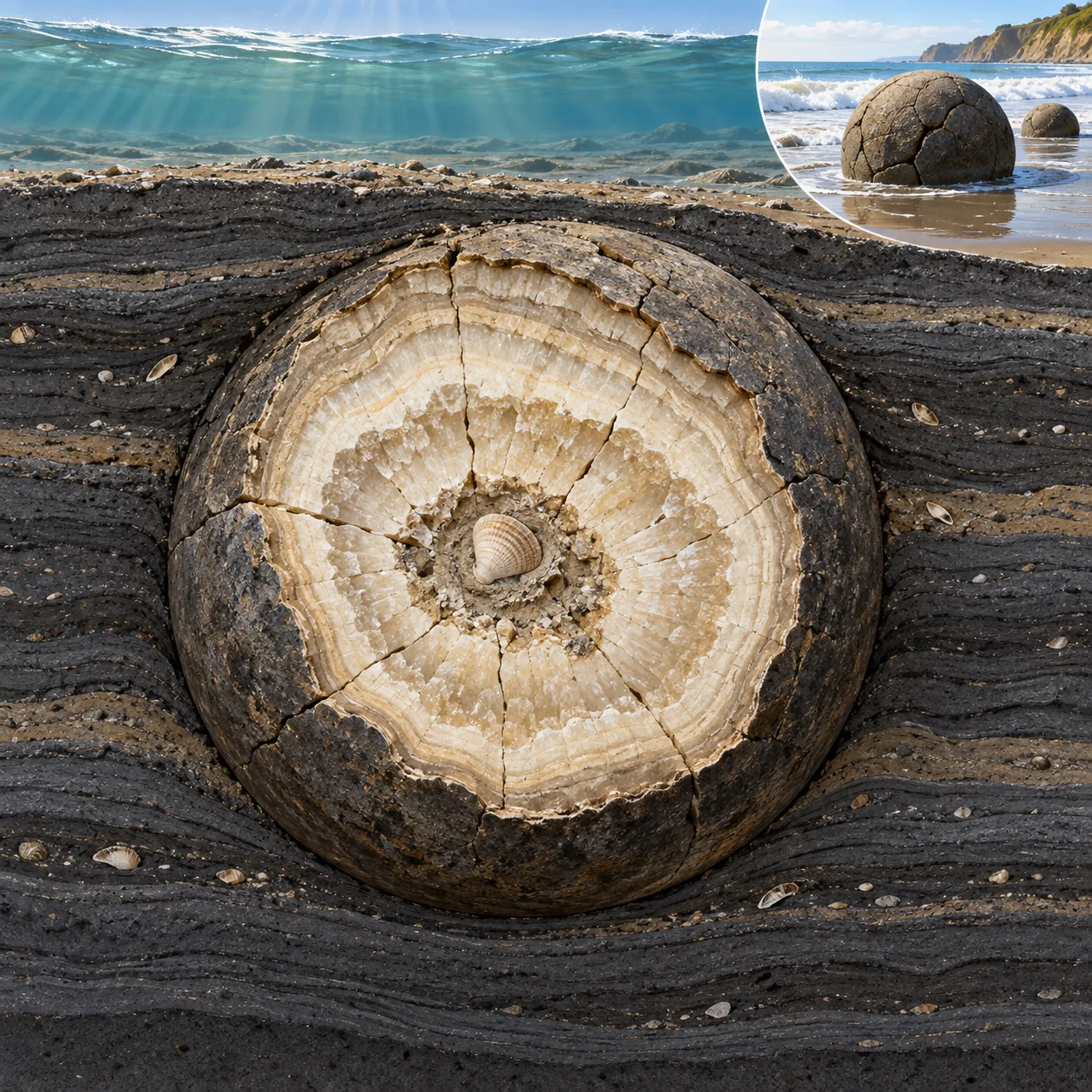 Editorial cutaway illustration showing a rounded calcite concretion growing within layered dark seafloor mud.