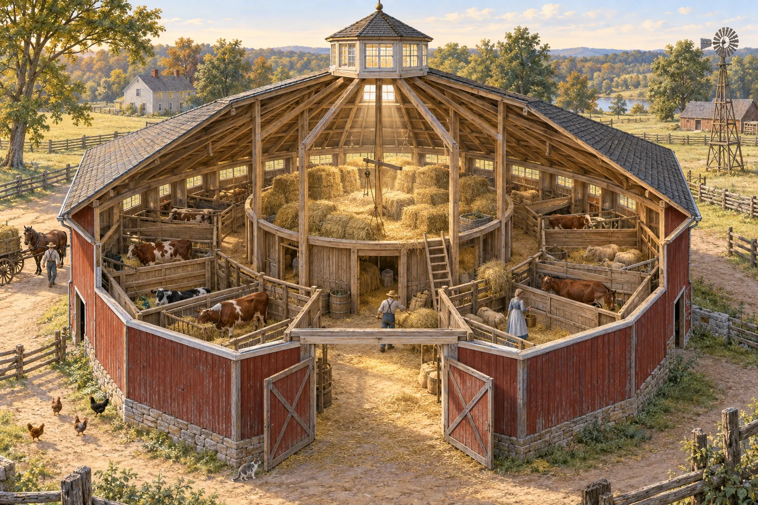 Editorial illustration showing the interior layout of an octagonal timber barn with animal stalls around the outside and hay storage near the center.