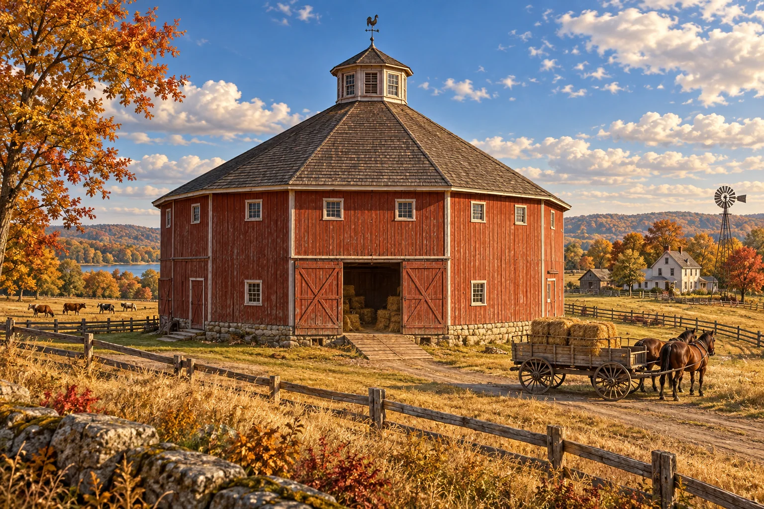 Editorial illustration of a red octagonal barn with a cupola in a golden autumn farm landscape.