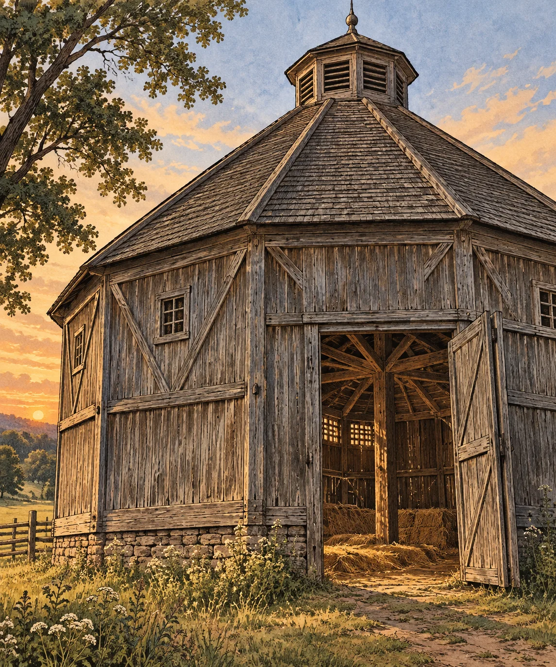 Editorial illustration of weathered wooden walls, angled roof planes, and a cupola on an octagonal barn in evening light.