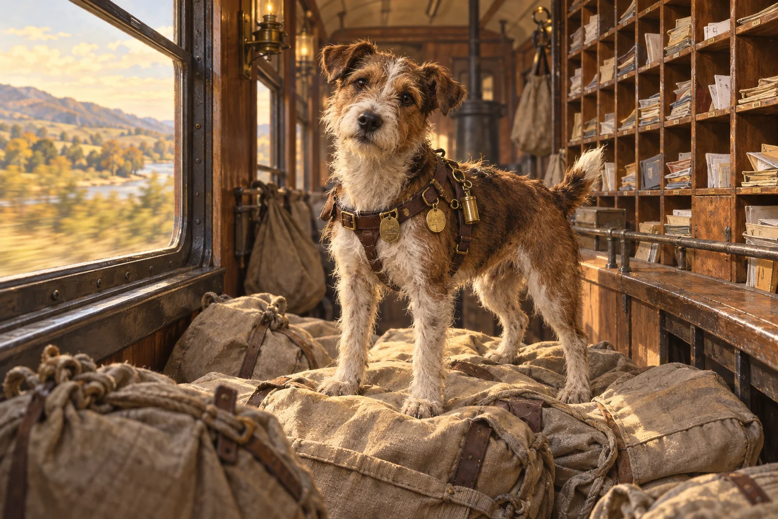 Editorial illustration of a small scruffy dog in a leather travel harness standing among canvas mailbags in a nineteenth-century railway mail car.