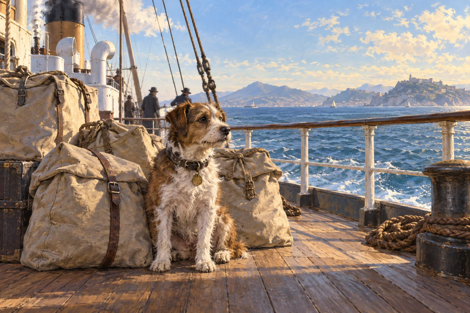 Editorial illustration of a small scruffy dog beside canvas mailbags on the deck of a nineteenth-century steamship, with open sea and a distant coast.