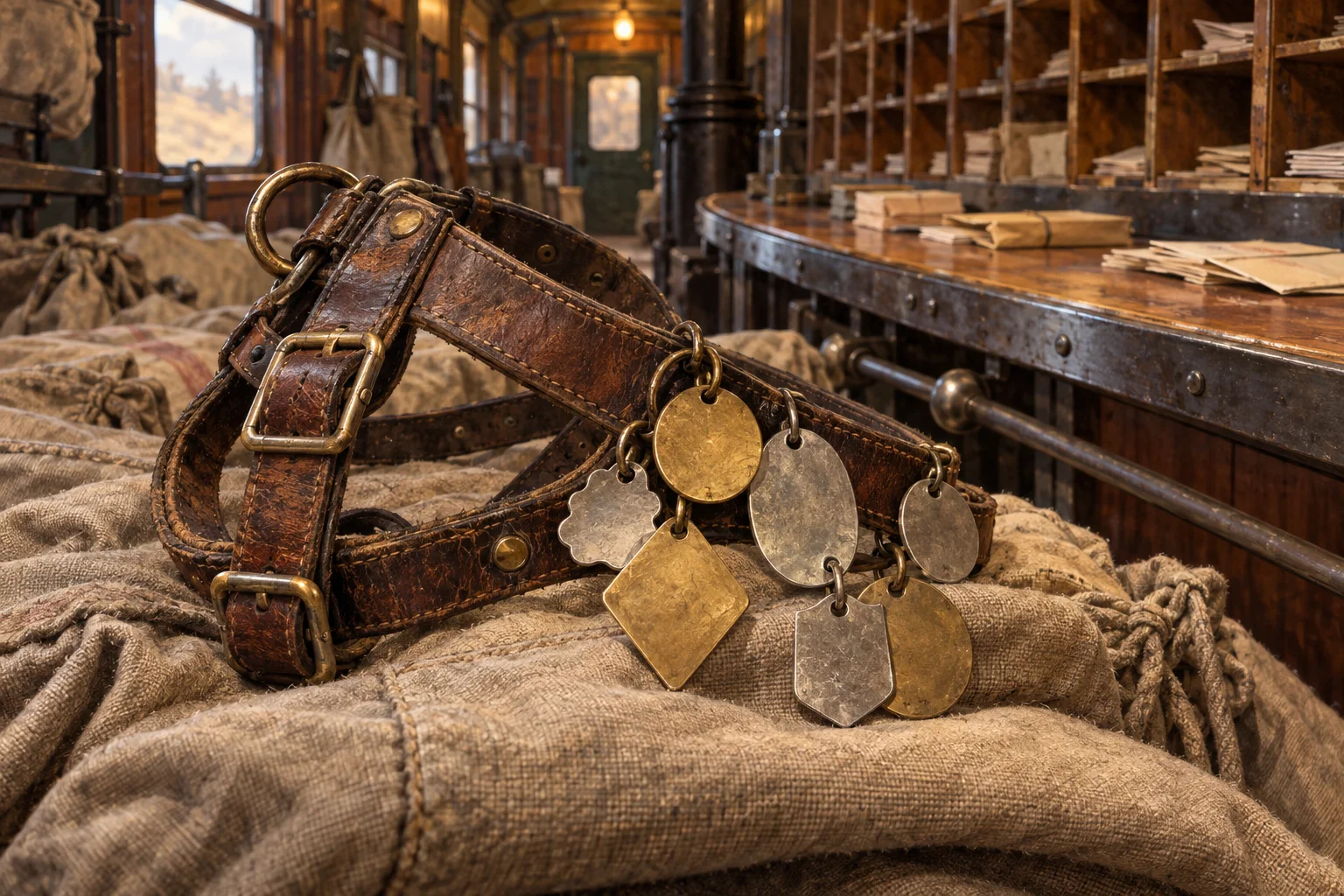 Editorial illustration of a weathered leather dog harness with blank brass and nickel travel tags resting on canvas mailbags inside a railway mail car.