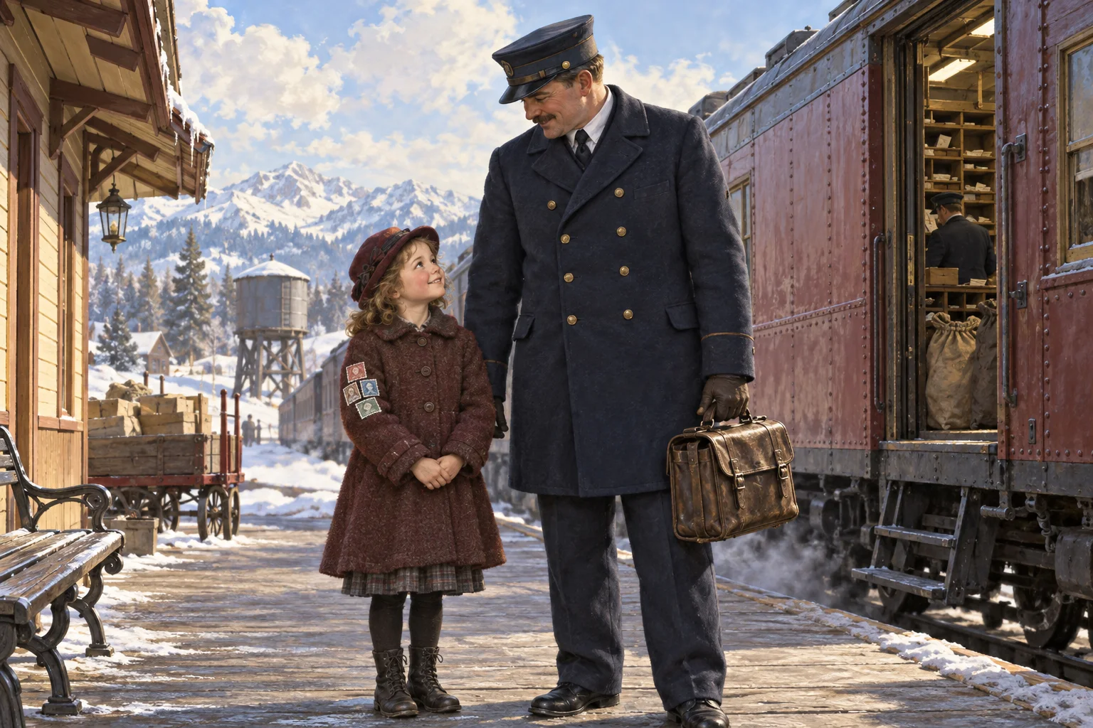 Editorial illustration of a young girl with postage stamps on her coat sleeve beside a railway mail clerk at a snowy 1914 train station