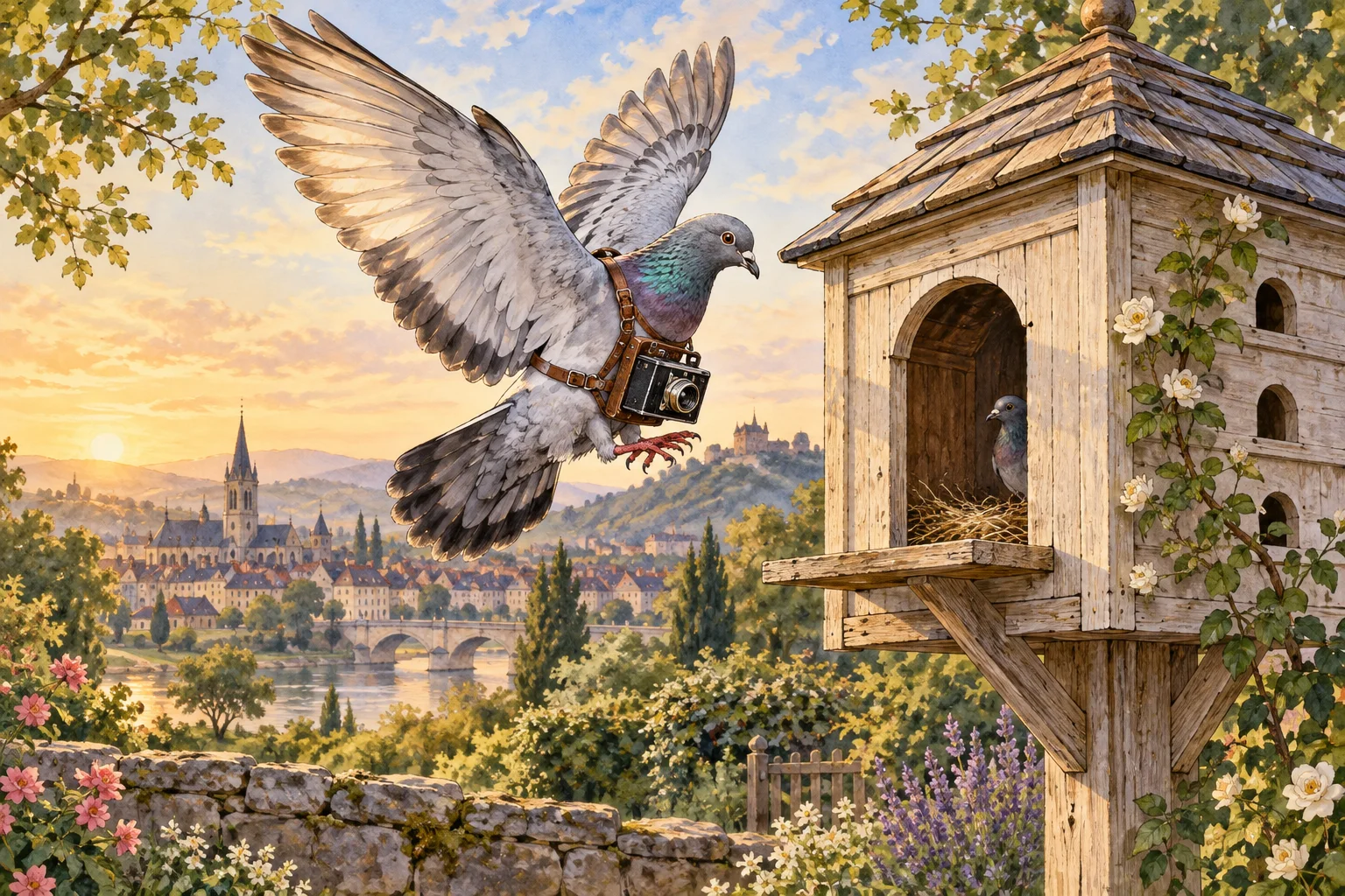 Editorial illustration of a homing pigeon carrying a compact camera as it approaches a wooden dovecote above a historic town.