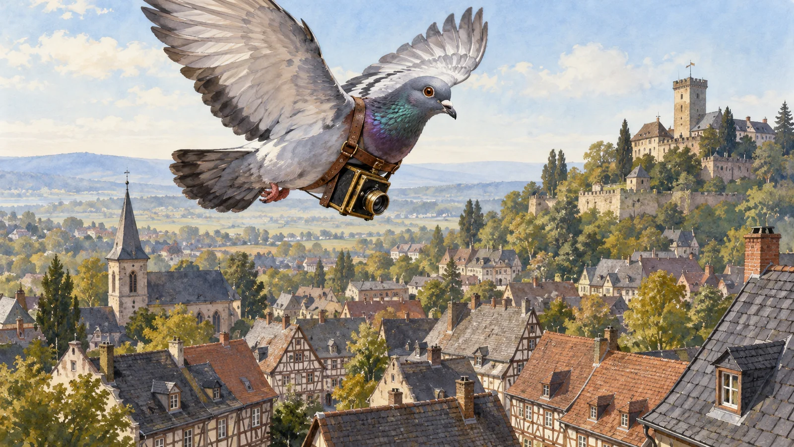 Editorial illustration of a homing pigeon carrying a compact camera above historic Kronberg, Germany.